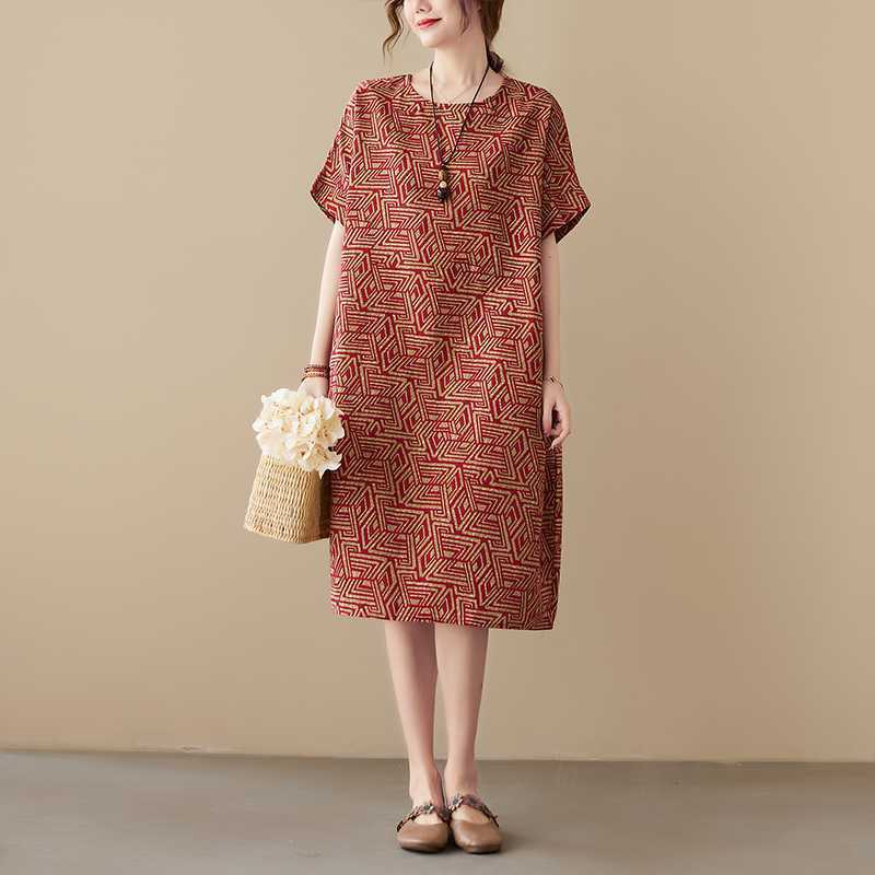 Thin Cotton Cable Loose-fitting Short Sleeve Over The Knee Dress