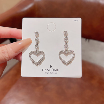 Sterling Silver Needle Sparkling Full Rhinestone Love Heart Earrings Female Ins