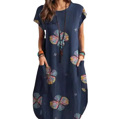 Women's Printed Crew Neck Casual Temperament Short Sleeve Dress