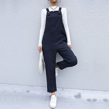 Women's Autumn Warm Corduroy Loose Solid Color Suspender Pants