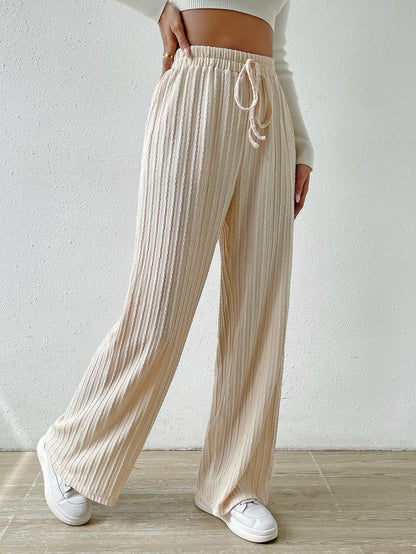 Knot Waist Texture Knitted Wide Leg Trousers Women's Clothing