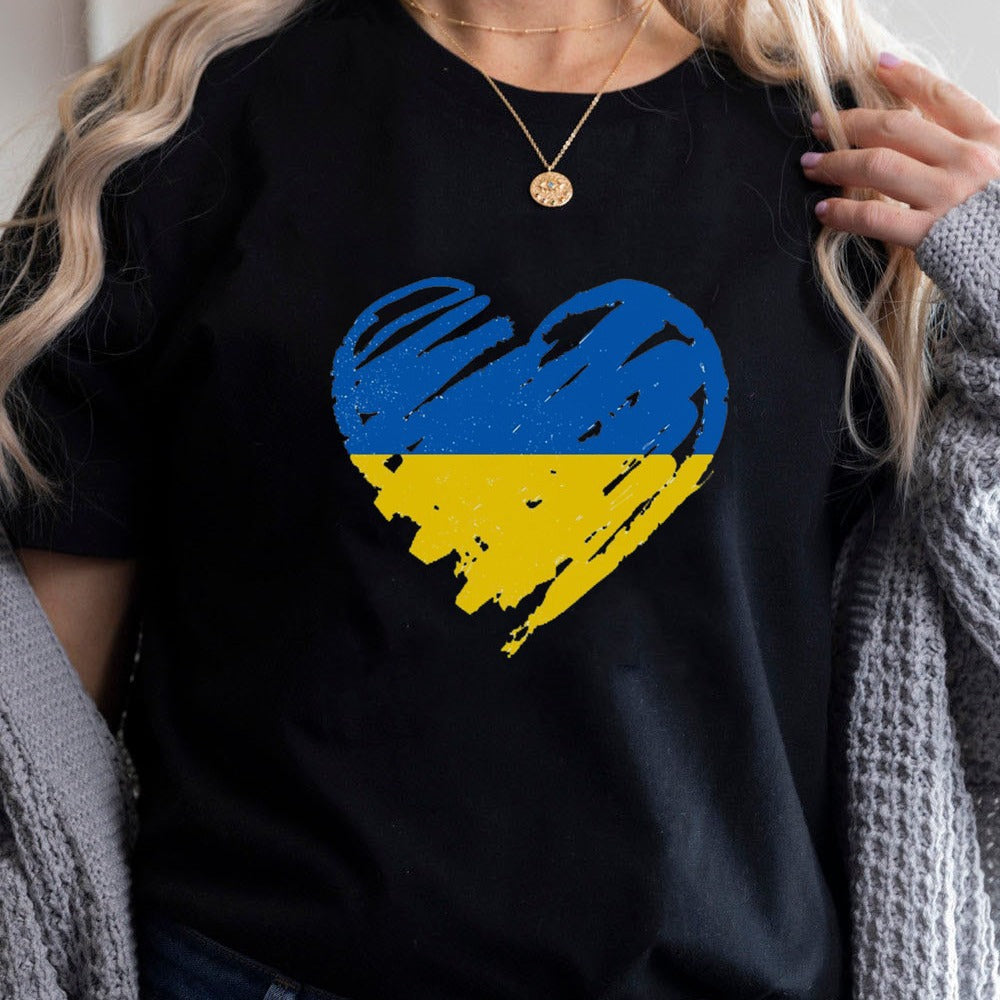 European And American Fashion Tops-shaped Blue And Yellow Heart Printed Round Neck Short Sleeve