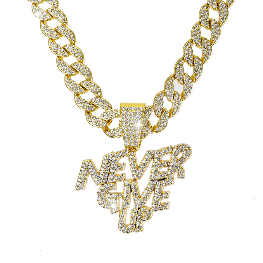 Alloy Letter NEVE RGIVE UP Pendant Full Diamond Necklace