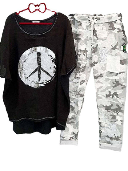 European And American Printed Round Neck Short Sleeve T-shirt Pants Trendy Two-piece Suit