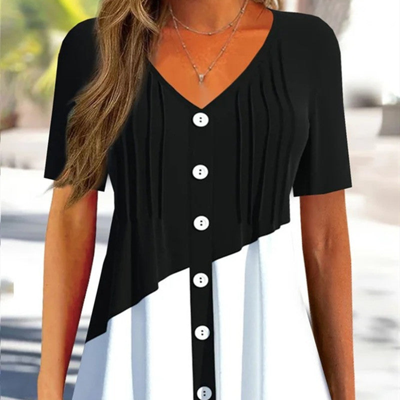 Women's Fashion Colorblock Button V-neck Top