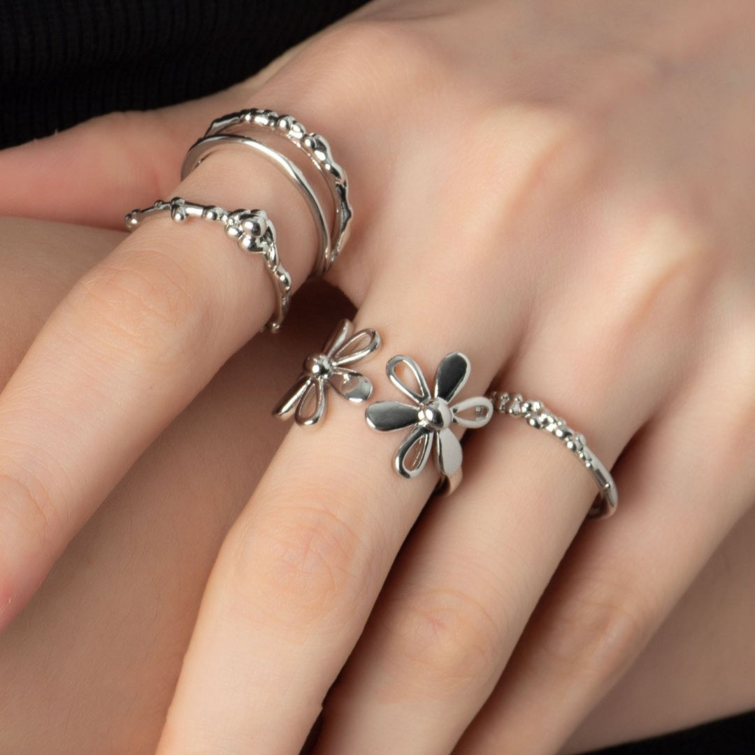 Korean Style Cute Flower Cold Wind Silver Ring With Opening