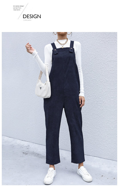 Women's Autumn Warm Corduroy Loose Solid Color Suspender Pants