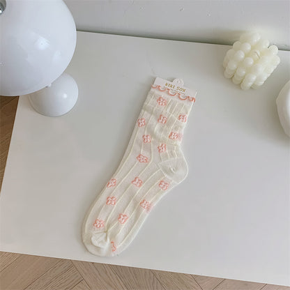 Mesh Stockings Children's College Style Wooden Ear Vertical Stripes Small Flower Tube Socks