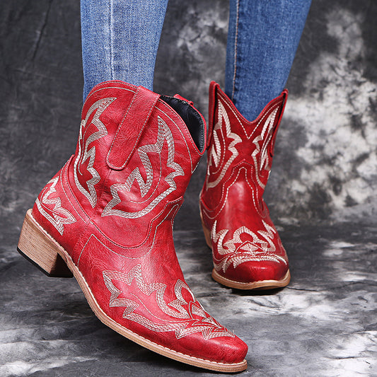 Cowboy Boots Women Embroidery Wedge Heel Shoes Western Cowgirl Boots