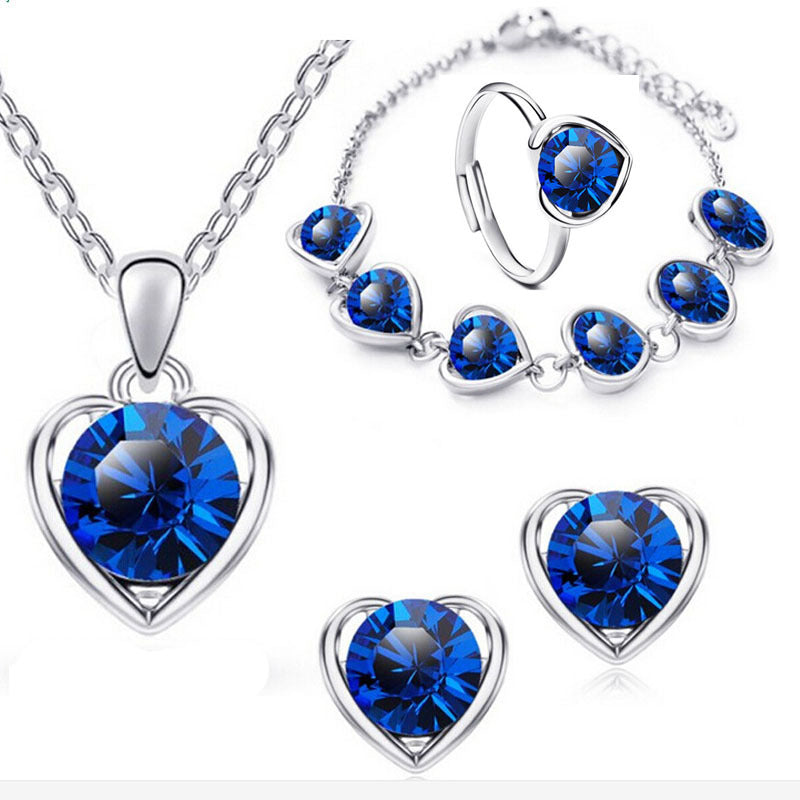 Fashion Crystal Heart Heart Necklace Earrings Ring Bracelet Four Piece Set