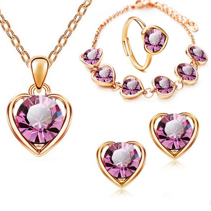 Fashion Crystal Heart Heart Necklace Earrings Ring Bracelet Four Piece Set