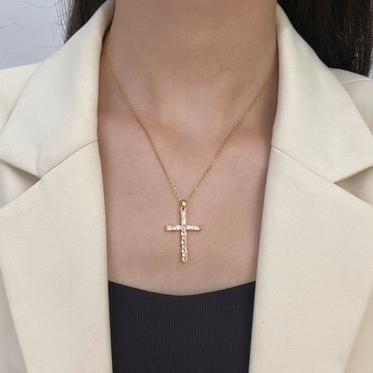 Cross Copper Plating 18K Gold Micro Inlaid Zircon Titanium Steel Necklace