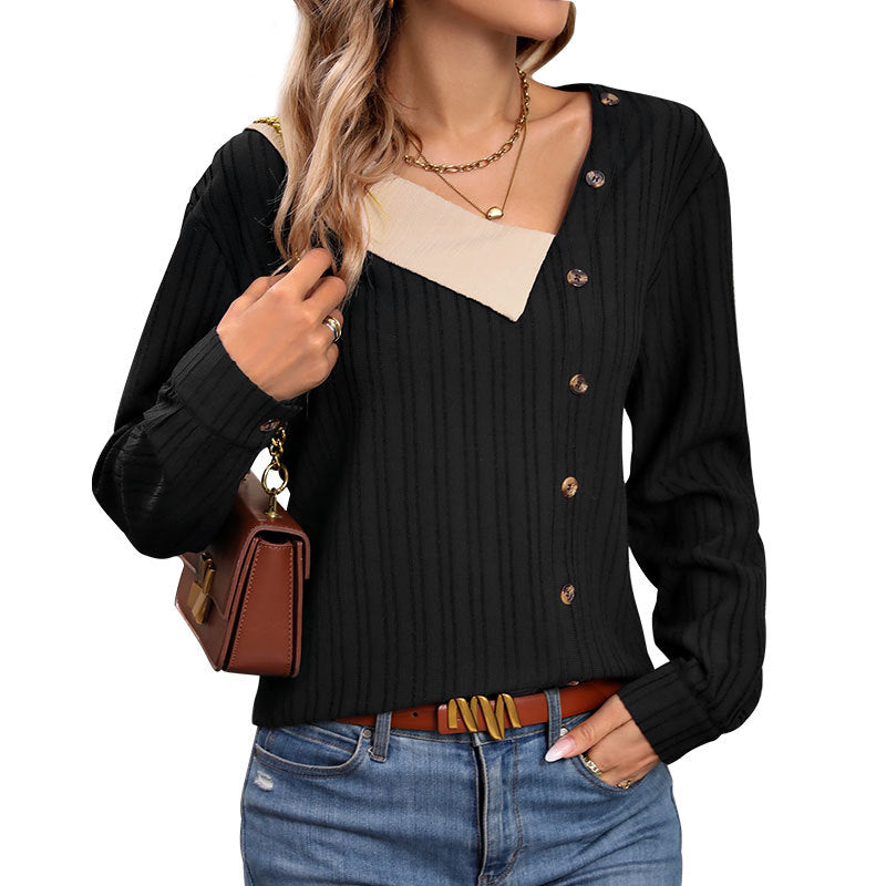 V-neck Patchwork Top Long Sleeve Buckle Women's Clothing