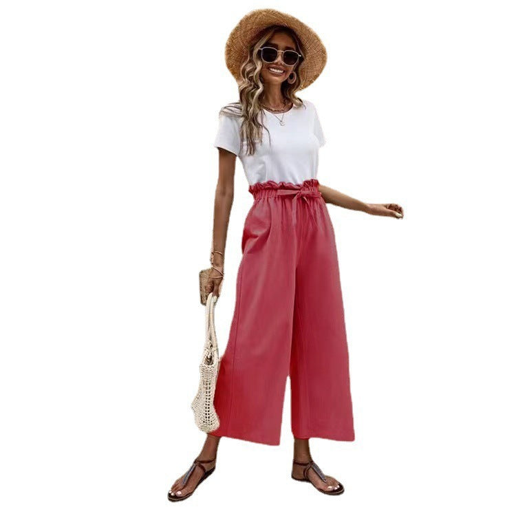 Elastic Waist Solid Color Cotton And Linen Belt Wide Leg Pants Loose Cropped Pants