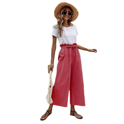 Elastic Waist Solid Color Cotton And Linen Belt Wide Leg Pants Loose Cropped Pants