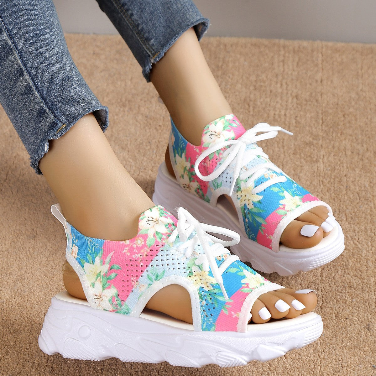 Print Lace-up Sports Sandals Summer Peep Toe Casual Mesh Shoes