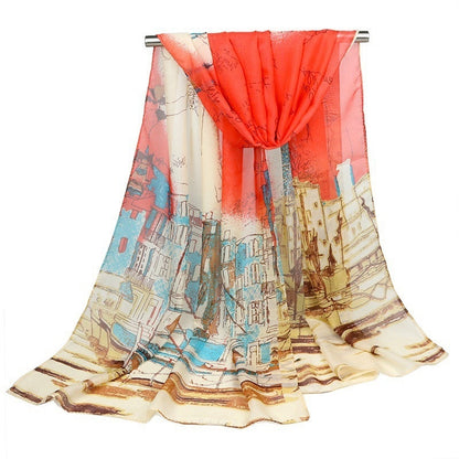 Women's Silk Scarf Sailing Oil Painting Printed Scarf