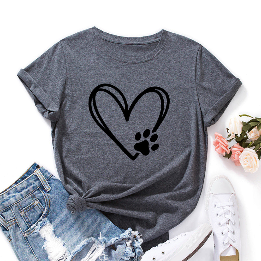 Women's Loose Round Neck Short Sleeve T-shirt With Heart-shaped Palm Print