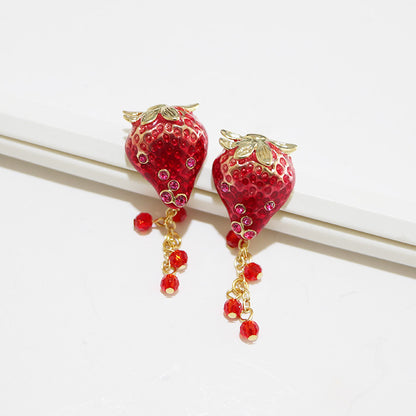 Enamel Dripping Fruit Strawberry Diamond Tassel Sterling Silver Needle Earrings