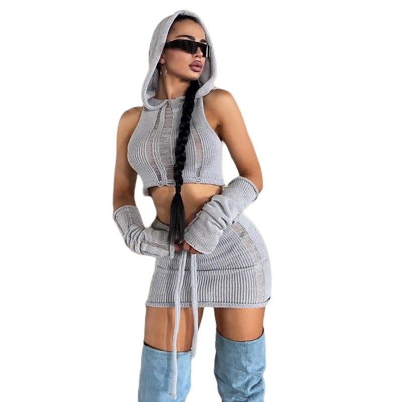 Women's Graceful And Fashionable Solid Color Knitted Hooded Top High Waist Hip-wrapped Skirt Suit