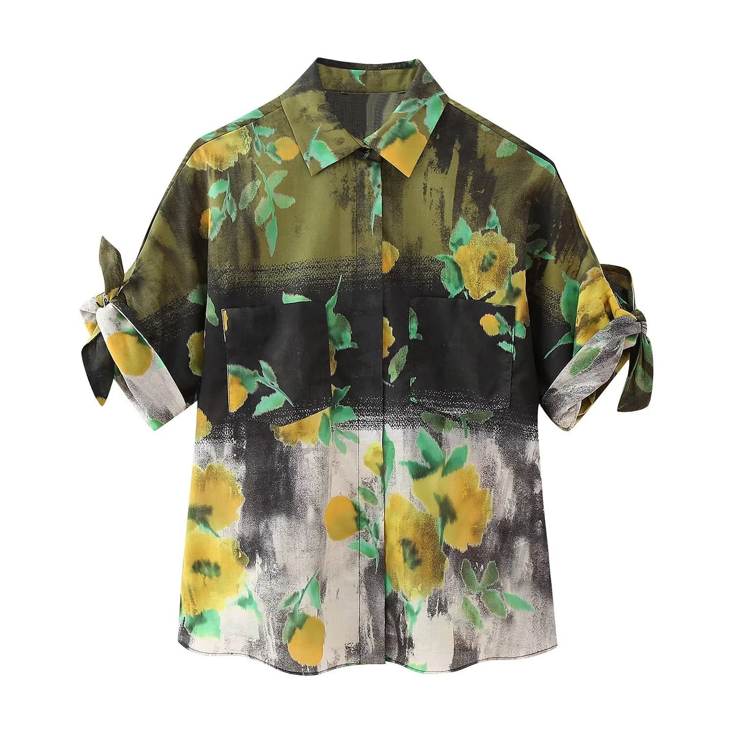 Graceful And Fashionable Lapel Short Sleeve Floral Single-breasted Shirt