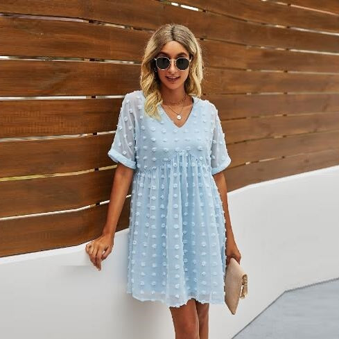 Solid Color Dotted Chiffon Little-girl Style Clothes Women's Dress