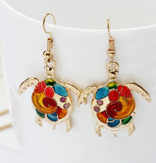 High Profile Fashion Punk Dripping Oil Rainbow Turtle Necklace And Earrings Suite