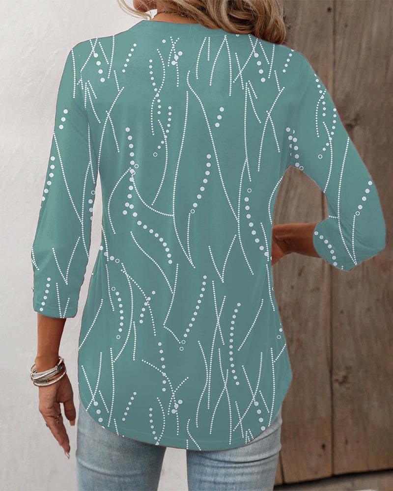 Women's Casual Button Geometric Printed Long-sleeved T-shirt