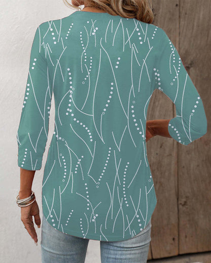 Women's Casual Button Geometric Printed Long-sleeved T-shirt