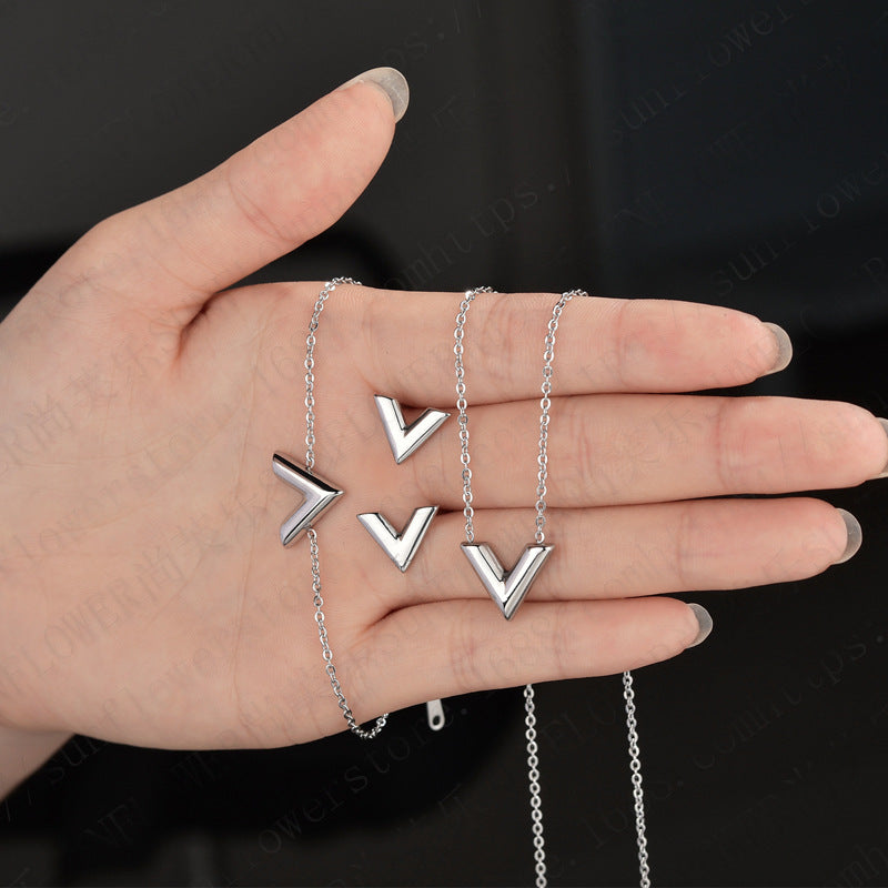 Stainless Steel Simple V-shaped Necklace Bracelet Ear Studs Suit