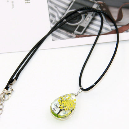 Handmade Lucky Tree Four-leaf Clover Dandelion Mori Girl Dried Flower Leather String Necklace