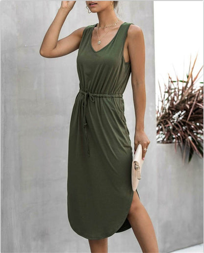 Irregular Cinched Round Neck Vest Dress