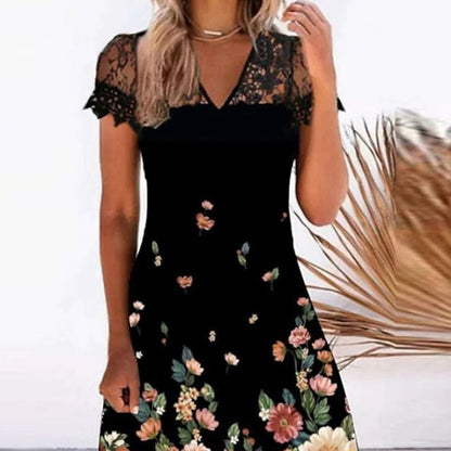 Plus Size Solid Color Lace Short Sleeve Straight Dress