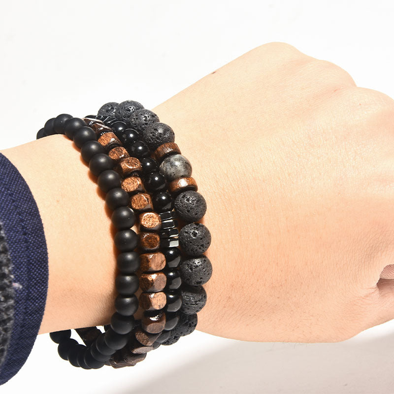 Hematite Beaded Polishing Volcanic Rock Wooden Bead Bracelet