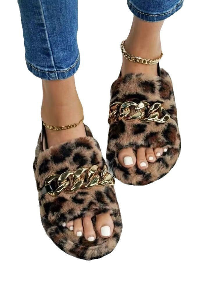 Leopard Print Casual Ethnic Style Flat Metal Chain Leopard Print Plush Slippers