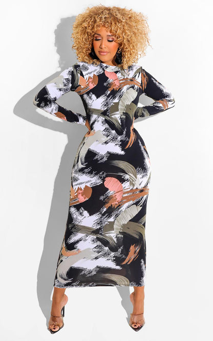 Printed Zipper Double-sided Long Sleeve Dress