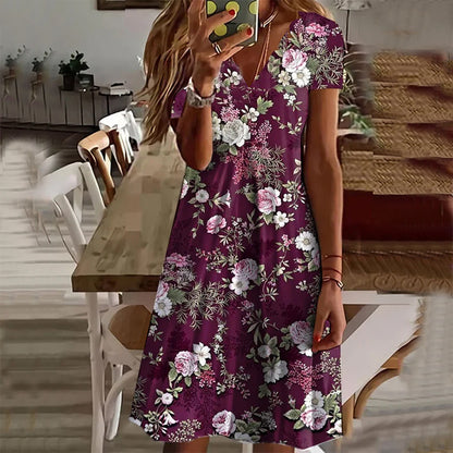 Plant Flower Printed V-neck Loose Women's Dress