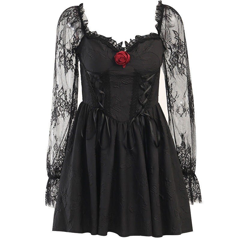 Dark Design Princess Slimming Three-dimensional Flower Lace Long Sleeve Temperament Dress