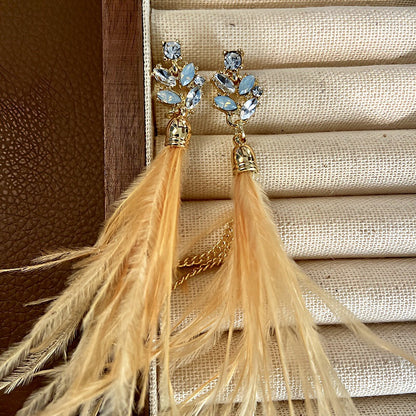 Silver Stud Rhinestone-encrusted Feather Chain Tassel Earrings