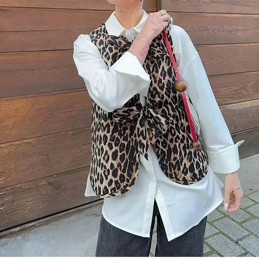 Corduroy Leopard Bow Lace Up Slim Fit Vest Top