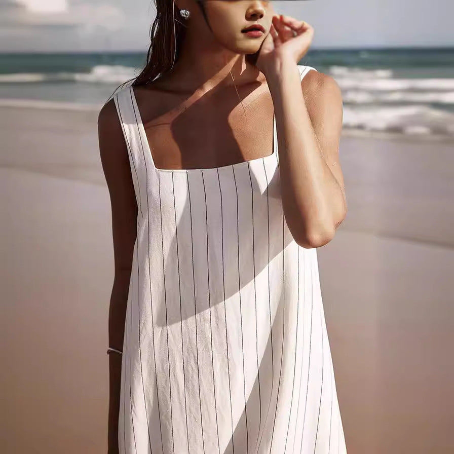 Square Collar Striped Minimalist Fashion Sleeveless Dress