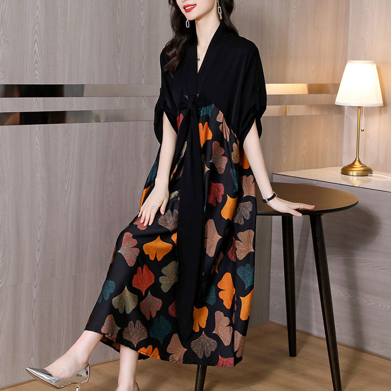 V-neck Ginkgo Leaf Slimming Lace Up Stitching Plus Size Long Dress