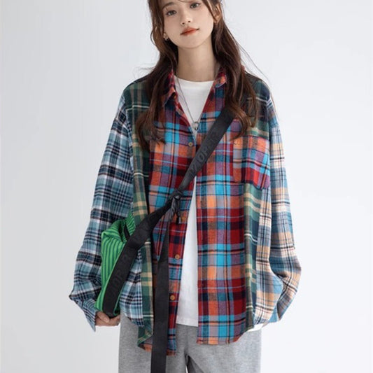 Women's Fashion Retro Spliced Plaid Blouse