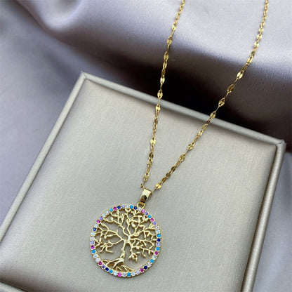 Personality Hollow Out Colorful Zircon Tree Of Life Pendant Necklace