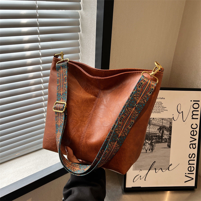 Retro Bucket Bag Retro Print Wide Shoulder Strap Messenger Shoulder Bags Solid Color Shopping Daily Commuter Handbag