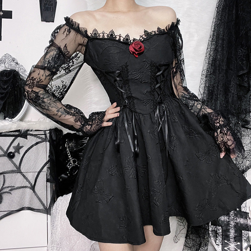 Dark Design Princess Slimming Three-dimensional Flower Lace Long Sleeve Temperament Dress