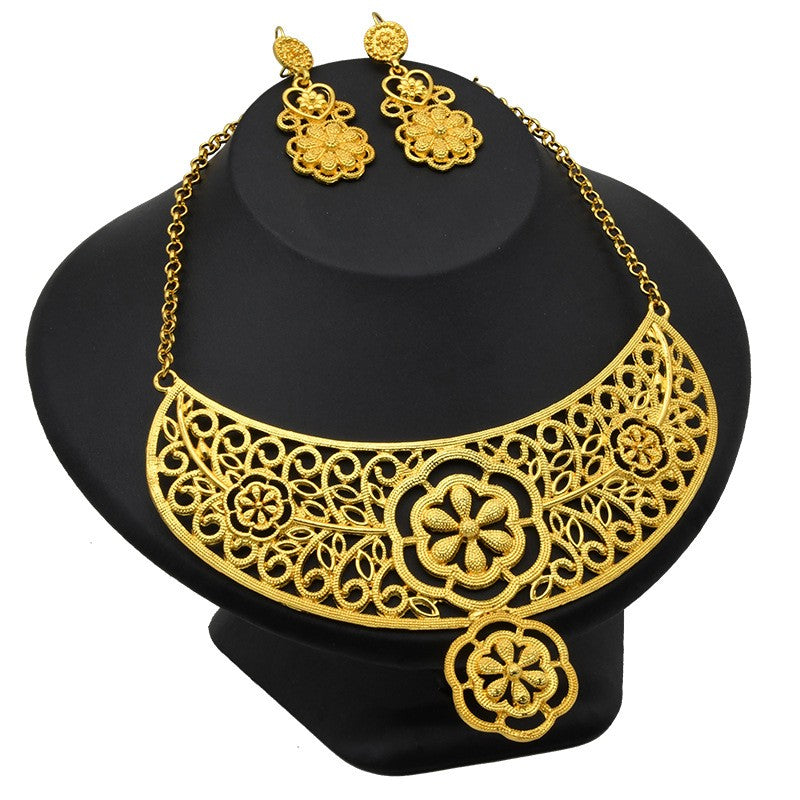 24K Gold Plated Dubai Bridal Necklace Two-piece Earrings Set Pack