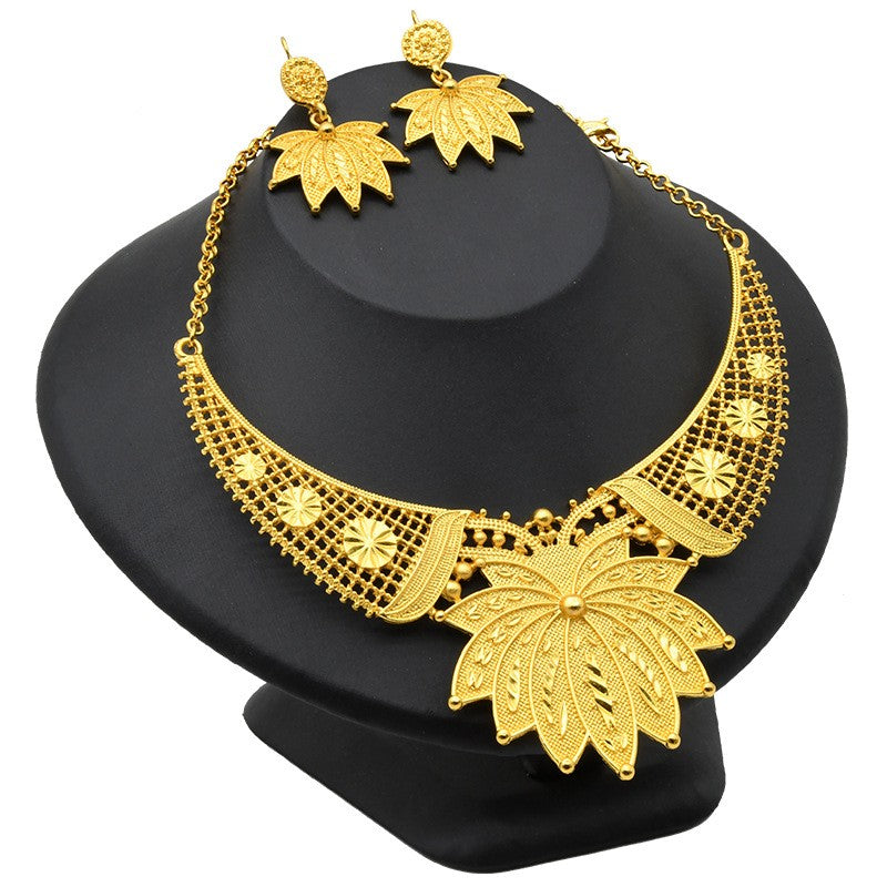 24K Gold Plated Dubai Bridal Necklace Two-piece Earrings Set Pack