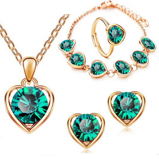 Fashion Crystal Heart Heart Necklace Earrings Ring Bracelet Four Piece Set