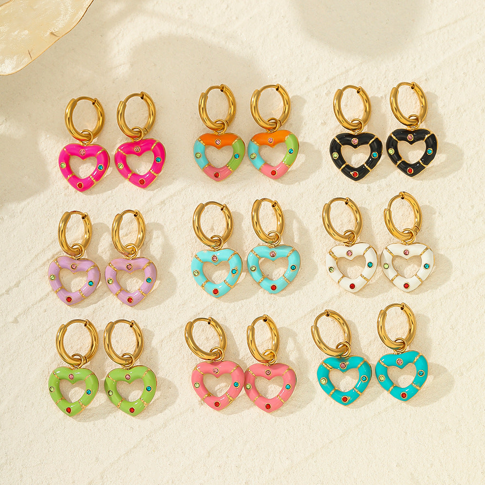 Versatile Multi-color Drip Oil Diamond Love Heart Earrings